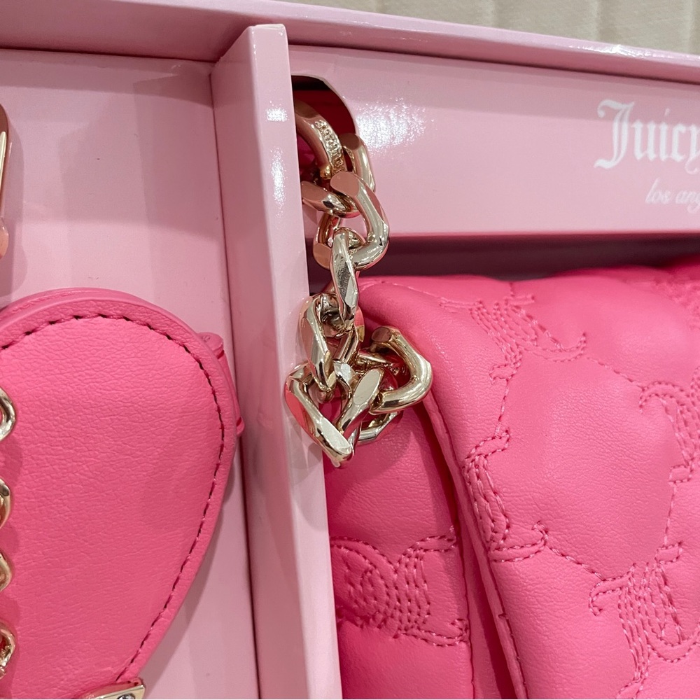NEW Juicy Couture Pink Quilted Crossbody Bag Rhinestone Logo Mirror Keychain Set - Picture 8 of 12